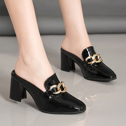 White Block Heel Pumps for Women - Elegant Pointed Toe Slip-On Shoes with Golden Chain Detail - High Heel Loafers with Rubber Sole - All Season Professional Dress Pumps