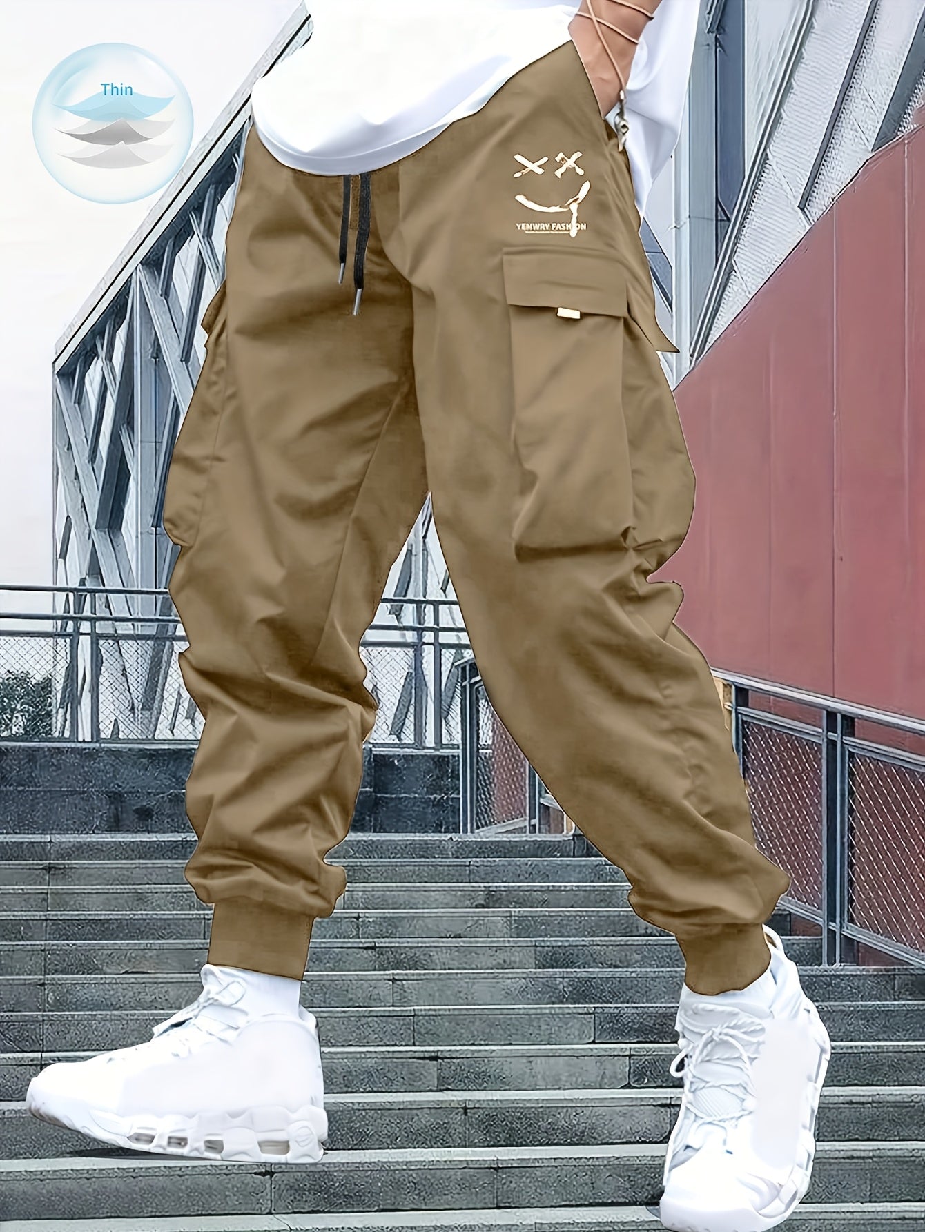 Street Style Men's Casual Non Stretch Footed Cargo Pants With Drawstring For Casual Daily Wear, Spring And Fall