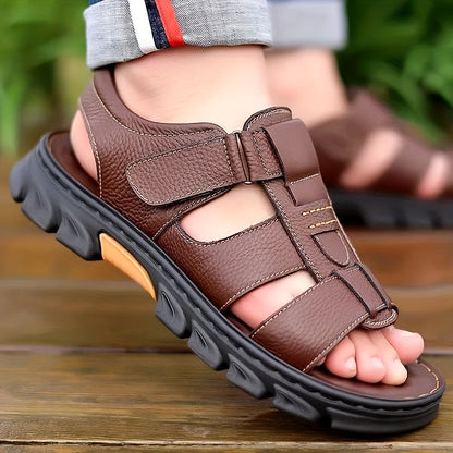 2023 New Men's Genuine Leather Casual Beach Sandals - Slip-On Adjustable Straps, Soft PU Sole, Breathable Summer Vacation Shoes for Driving & Outdoor Activities (Solid Color), Summer Sandals