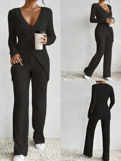Women's Ribbed Fall Set Solid Color V-Neck Long Sleeve Slim Fit Cross Front Tops Long Pants 2pcs Outfits