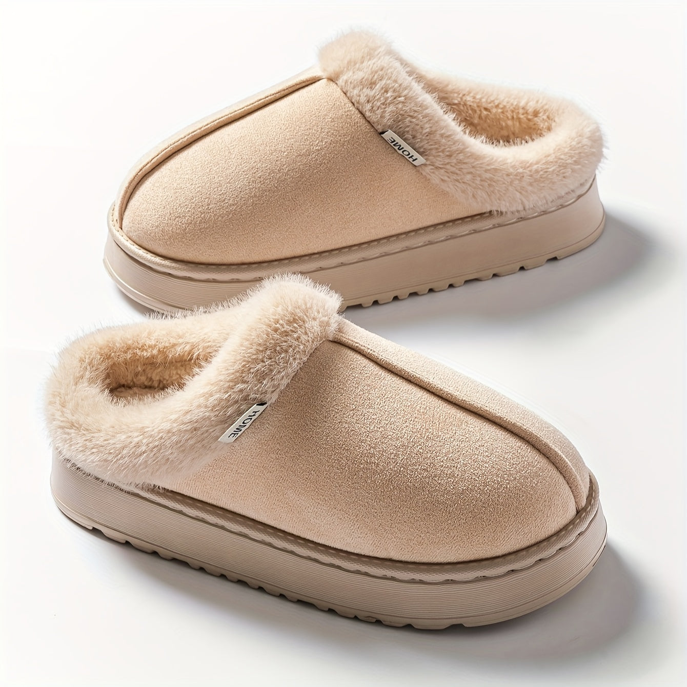 Cozy Plush Winter Slippers - Elegant Black with Cream Fur Trim, Thick Cushioned EVA Sole, Non-Slip, Hand Washable Indoor Shoes, Indoor Slippers