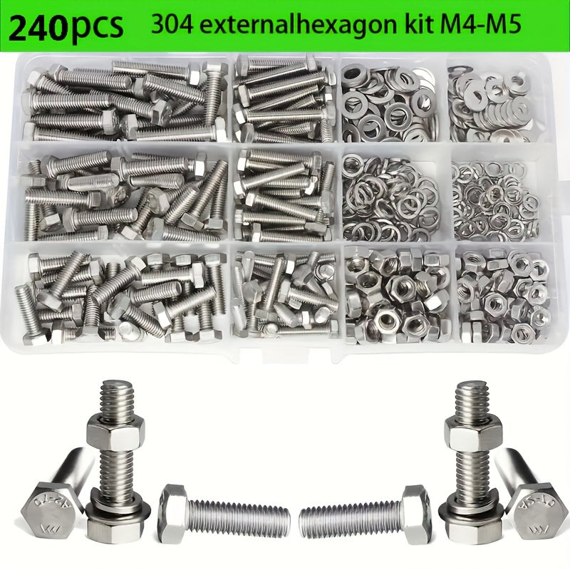 [Customer Favorite] 240pcs Stainless Steel Hex Bolt & Nut Set - Durable, Corrosion-Resistant with M4/M5 Sizes, Washers Included for Versatile Use