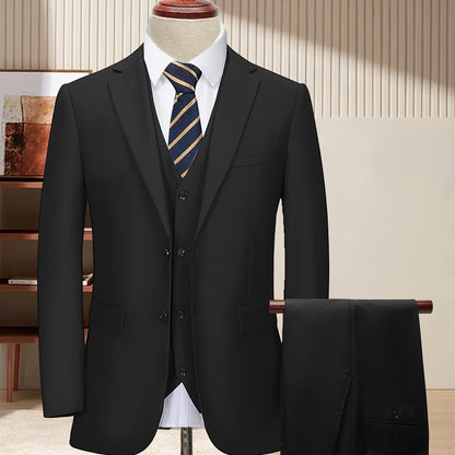 Men'S 3pcs Business Style Suit, Two Button Lapel Jacket Vest Trouser Set Solid Color Wedding Business Tuxedo Suit