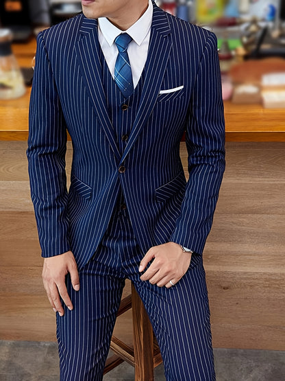 Men'S Suit 2pcs Navy Blue Pinstripe Blazer And Pants Formal/Casual Wear