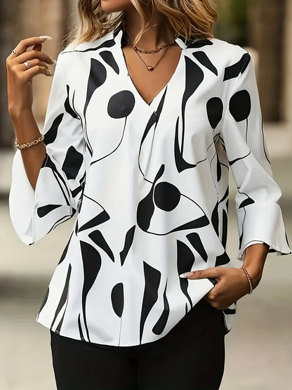 Elegant Geometric-Pattern V-Neck Blouse, 100% Polyester Ruffle Sleeve Shirt with Tight Hem, Regular Fit Pullover for Spring/Summer/Fall - Woven Adult Shirting