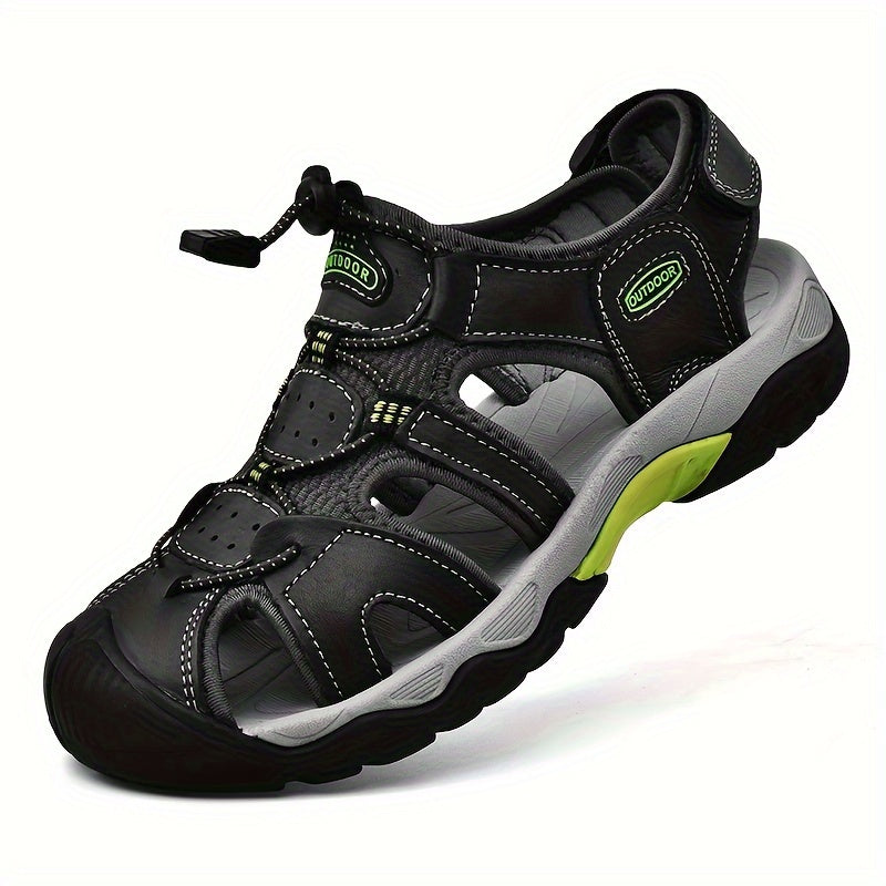 Men's Genuine Leather Non-Slip Sandals - Lightweight Quick-Dry Beach Shoes with Adjustable Straps, Breathable Rubber Sole & Comfortable Round Toe for Summer Casual Wear