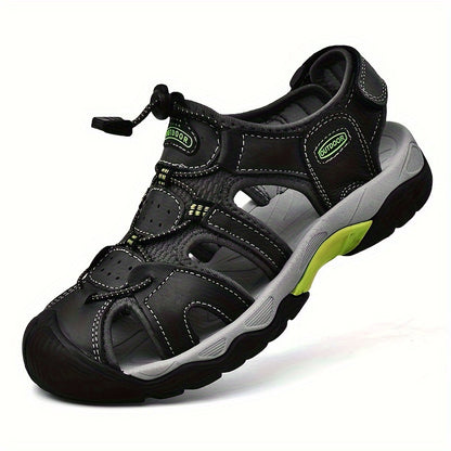 Men's Genuine Leather Non-Slip Sandals - Lightweight Quick-Dry Beach Shoes with Adjustable Straps, Breathable Rubber Sole & Comfortable Round Toe for Summer Casual Wear