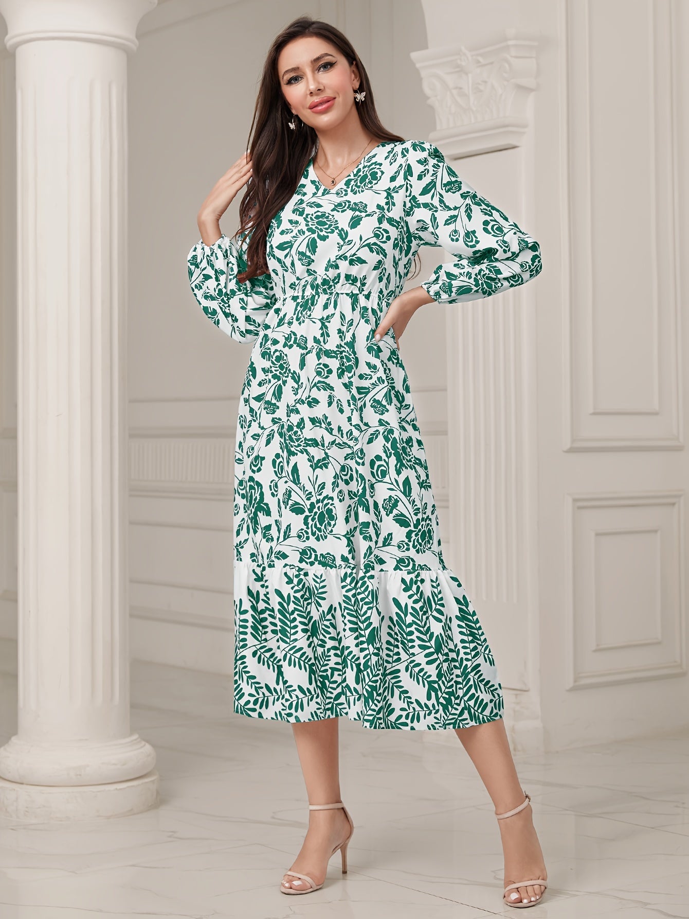 Floral & Leaves Print V-neck Dress, Elegant Elastic Waist Long Sleeve Dress For Spring & Fall, Women's Clothing