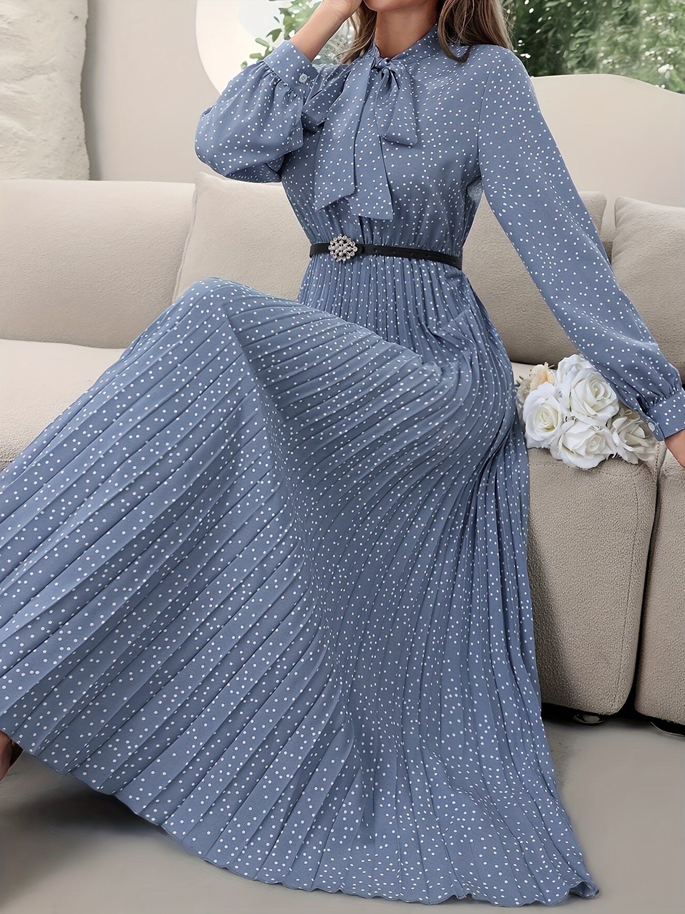 Stylish Pleated Tie Neck Long Sleeve Dress - Elegant Women's Dresses for Spring & Fall Season - Comfortable, Versatile, and Chic Clothing for Ladies