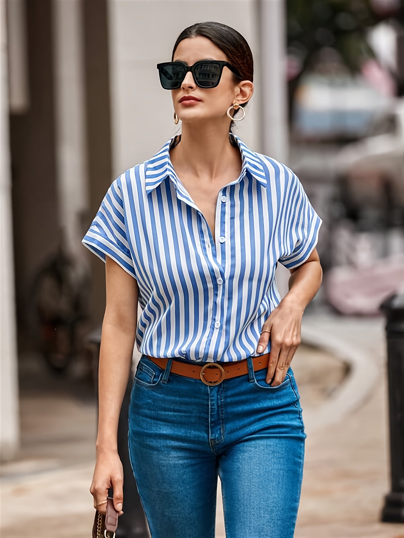 Chic Striped Button-Up Shirt - Breathable Short Sleeve Design for Trendy Summer Style, Women’s Fashion Wear