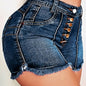 Women'S Front Button Dark Blue Folded Rim Buttocks Fur Edge Pants Feet Denim Shorts