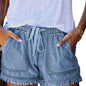 Women'S Casual Fashion Drawstring Elastic Waist Denim Shorts With Frayed Hem, Summer Comfort Fit Jean Shorts