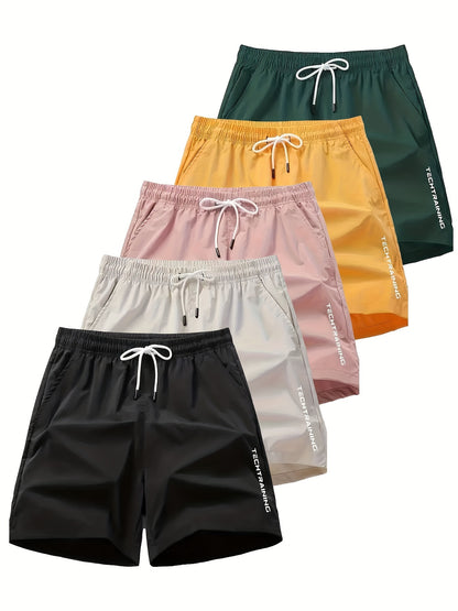 Polyester Non-Stretch Sports Style 5pcs 120g Alphabet Printed Shorts for Men, Loose Fit, Casual Wear, No Pocket, Not Waterproof, Basket Ball Sport