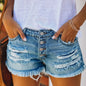 Ladies, Summer Mid-Waist Ripped Stretch Jeans, Shorts, Frayed Burrs, Burrs Hem, Casual Straight-Breasted Denim Shorts