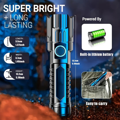 2pcs LED Ultra-bright Flashlights, Rechargeable High Lumens, 3 Modes, Zoom, Portable Camping Flashlights, For Outdoor Hiking, Home Emergency, Built-in Lithium Battery