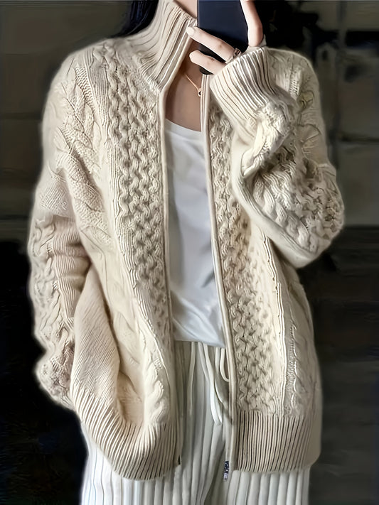 Plus Size Twist Textured Cardigan, Casual Long Sleeve Zipper Cardigan, Women's Plus Size Clothing