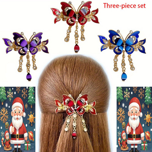 Three-Piece Set, Sparkling Hairpin, Butterfly Tassel, Diamond Jewelry, Vintage Bohemian Tail Hair Tie, Christmas Gift, Holiday Collar Gift, New Year'S Gift, Daughter, Mother Gift.