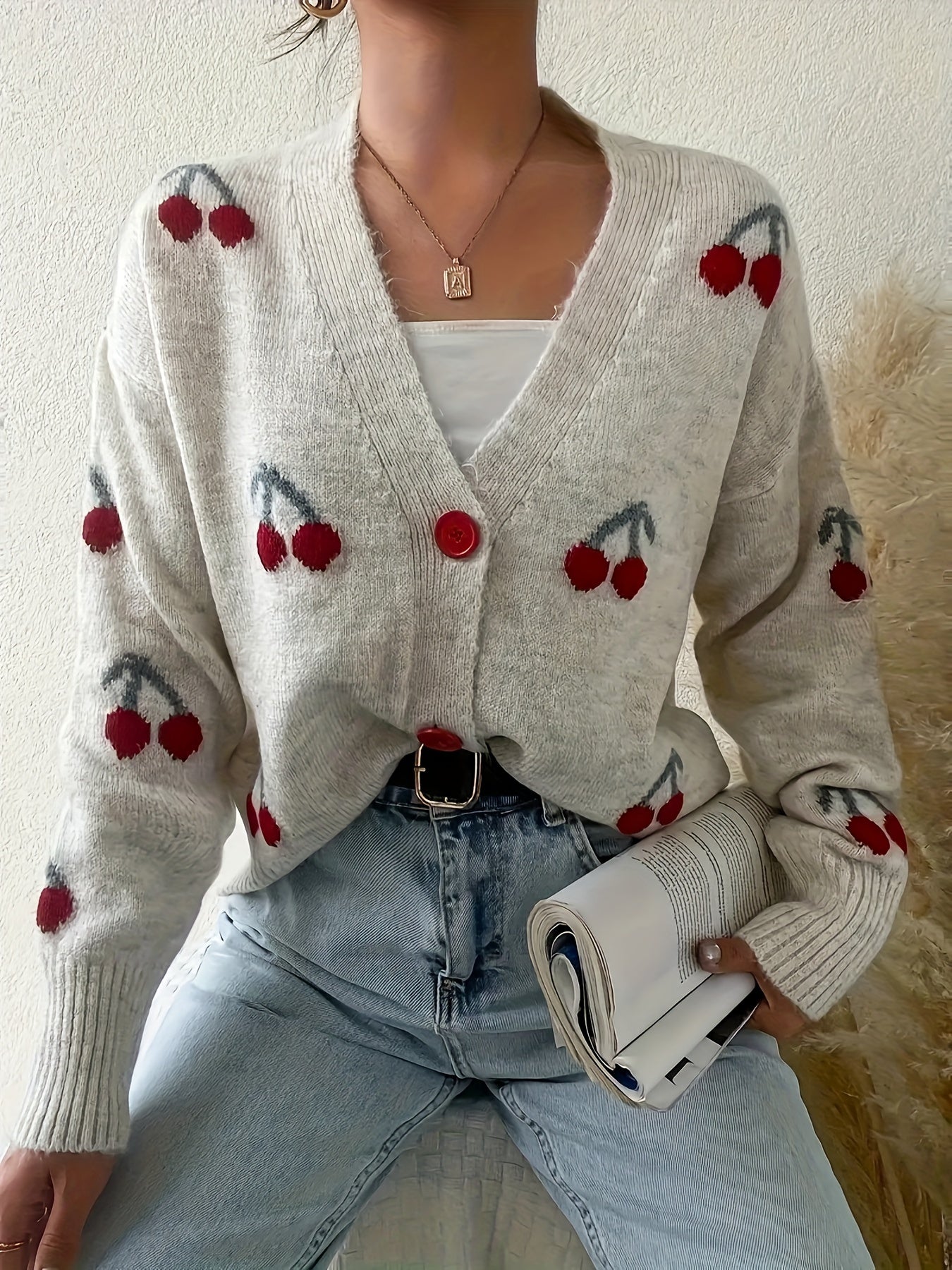 Elegant Cherry-Embellished V-Neck Cardigan - Cozy Knit Sweater for Women, Perfect for Fall/Winter