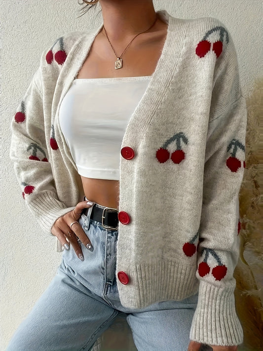Elegant Cherry-Embellished V-Neck Cardigan - Cozy Knit Sweater for Women, Perfect for Fall/Winter