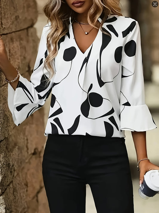 Elegant Geometric-Pattern V-Neck Blouse, 100% Polyester Ruffle Sleeve Shirt with Tight Hem, Regular Fit Pullover for Spring/Summer/Fall - Woven Adult Shirting