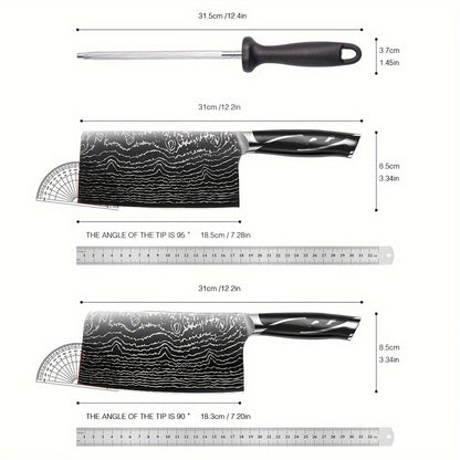 7pcs Damascus Pattern Stainless Steel Kitchen Knife Set with Universal Knife Holder -Chef, Fruit, and Safety Knives Included