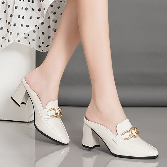 White Block Heel Pumps for Women - Elegant Pointed Toe Slip-On Shoes with Golden Chain Detail - High Heel Loafers with Rubber Sole - All Season Professional Dress Pumps