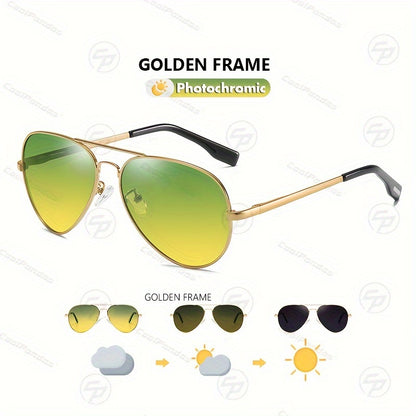 Stylish Pilot Glasses with Polarized And Photochromic Lenses for Driving Both Day And Night.