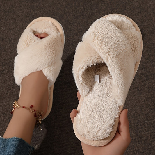 Cozy Crisscross Band Plush Indoor Slippers, Soft Sole Fuzzy Shoes, Non Slip Home Floor Slippers with Leopard Print