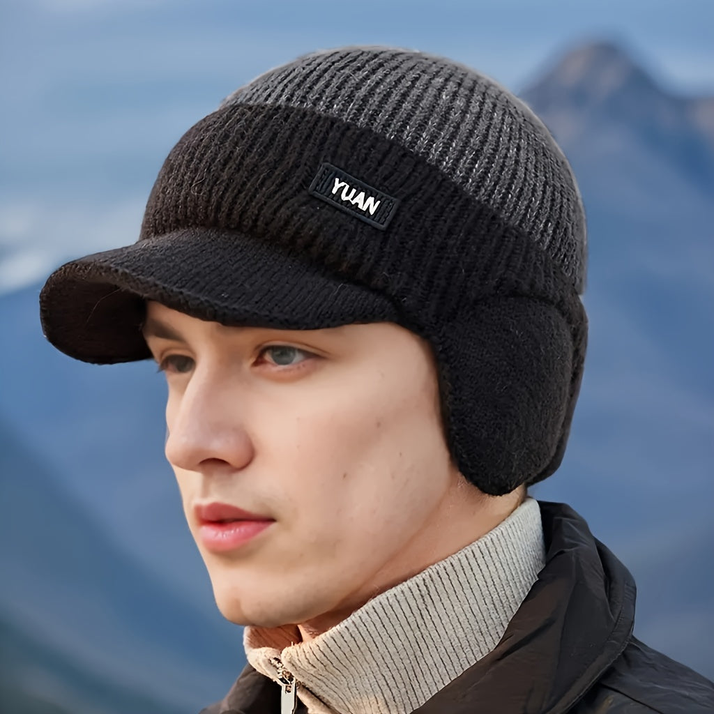 1pc YUAN Brand Men'S Winter Earflap Beanie Hat - 100% Acrylic Knit Warm Cycling Cap with Slight Stretch, Street Style Outdoor Riding Colorblock Hat