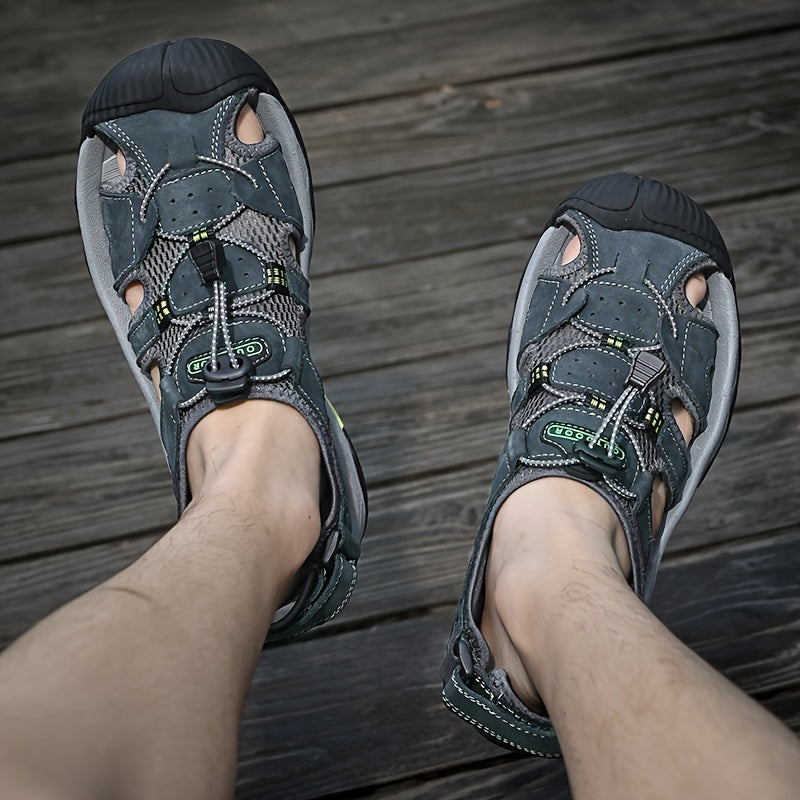 Men's Genuine Leather Non-Slip Sandals - Lightweight Quick-Dry Beach Shoes with Adjustable Straps, Breathable Rubber Sole & Comfortable Round Toe for Summer Casual Wear
