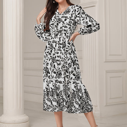 Floral & Leaves Print V-neck Dress, Elegant Elastic Waist Long Sleeve Dress For Spring & Fall, Women's Clothing