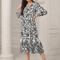 Floral & Leaves Print V-neck Dress, Elegant Elastic Waist Long Sleeve Dress For Spring & Fall, Women's Clothing
