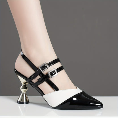 Chic Womens Contrast Color High Heel Pumps - Pointed Toe, Buckle Accent, Timeless Elegance for Glamorous Dress-up - Fashion-Forward Heels