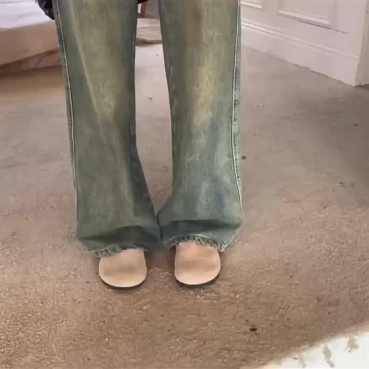 Retro Style Distressed Washed Plain Loose Fit Wide Leg Washed Blue Casual Style Zipper Button Closure Denim Pants, Women's Denim Jeans & Clothing