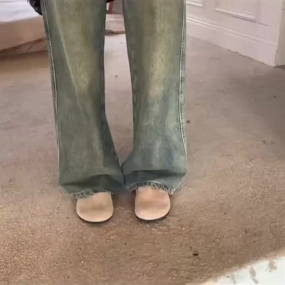Retro Style Distressed Washed Plain Loose Fit Wide Leg Washed Blue Casual Style Zipper Button Closure Denim Pants, Women's Denim Jeans & Clothing