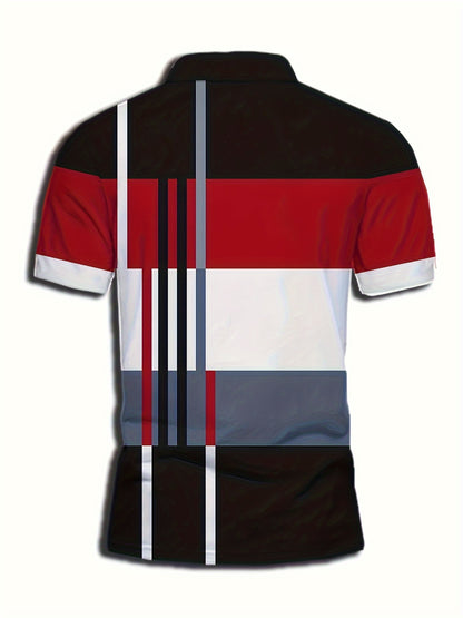 2024 Men'S Casual Geometric Print Knit Polo-Style Shirt with Lapel Collar and Slight Stretch - 100% Polyester Material - Regular Fit