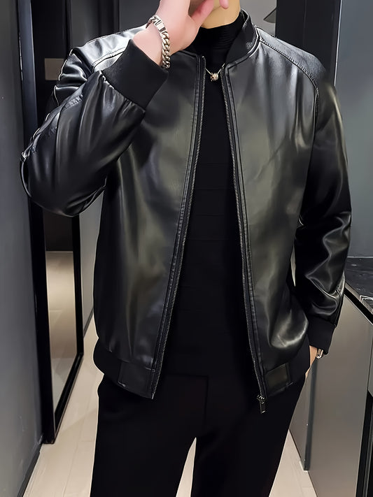 Men's Stylish Black PU Leather Jacket - Casual Baseball Collar, Zip-Up with Pockets, Loose Fit, Machine Washable, Perfect for Casual Attire