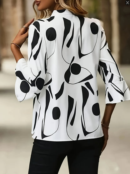 Elegant Geometric-Pattern V-Neck Blouse, 100% Polyester Ruffle Sleeve Shirt with Tight Hem, Regular Fit Pullover for Spring/Summer/Fall - Woven Adult Shirting