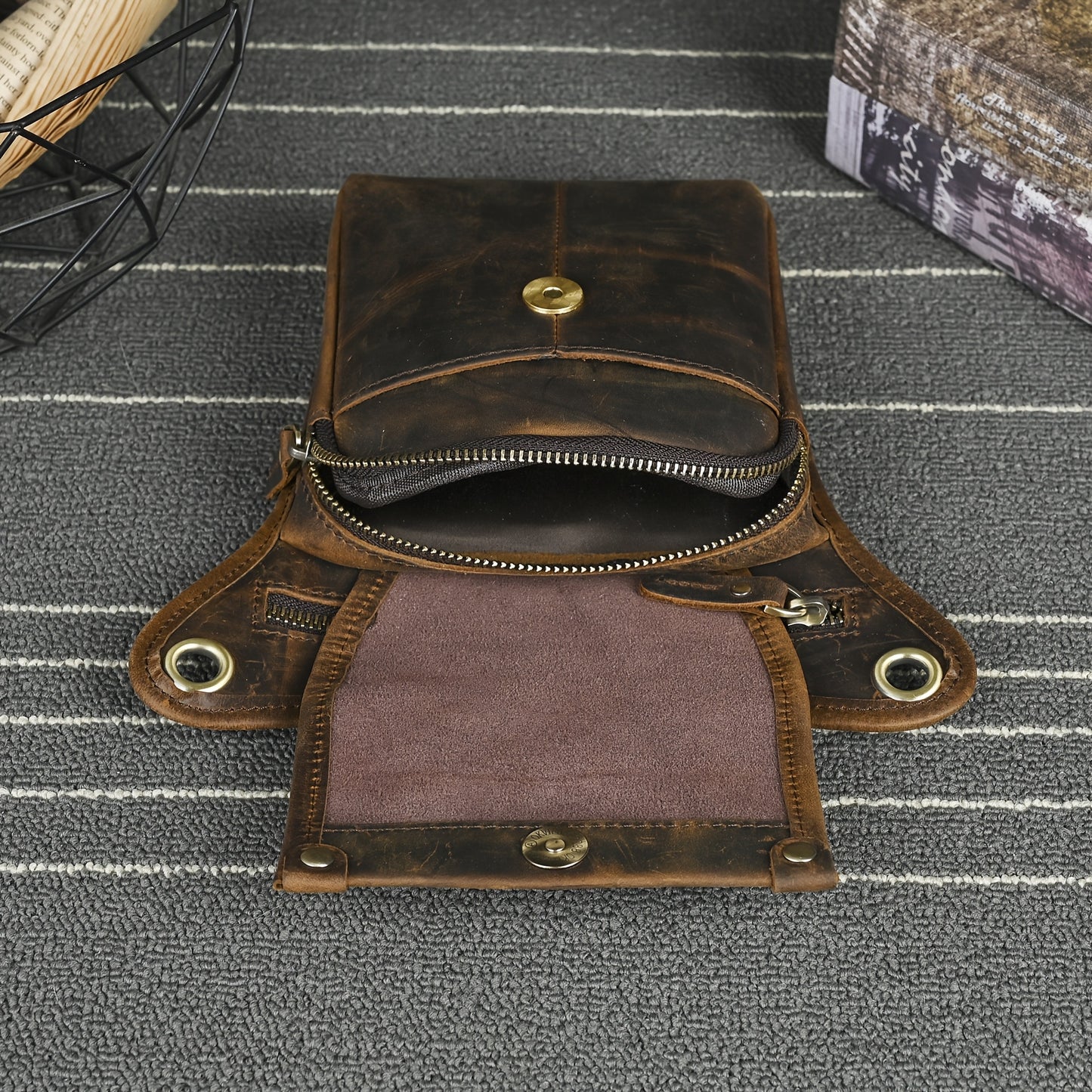 Men's Genuine Leather Vintage Sling Bag - Casual Classic Brown Travel Fanny Pack with Multiple Zippered Pockets & Adjustable Strap