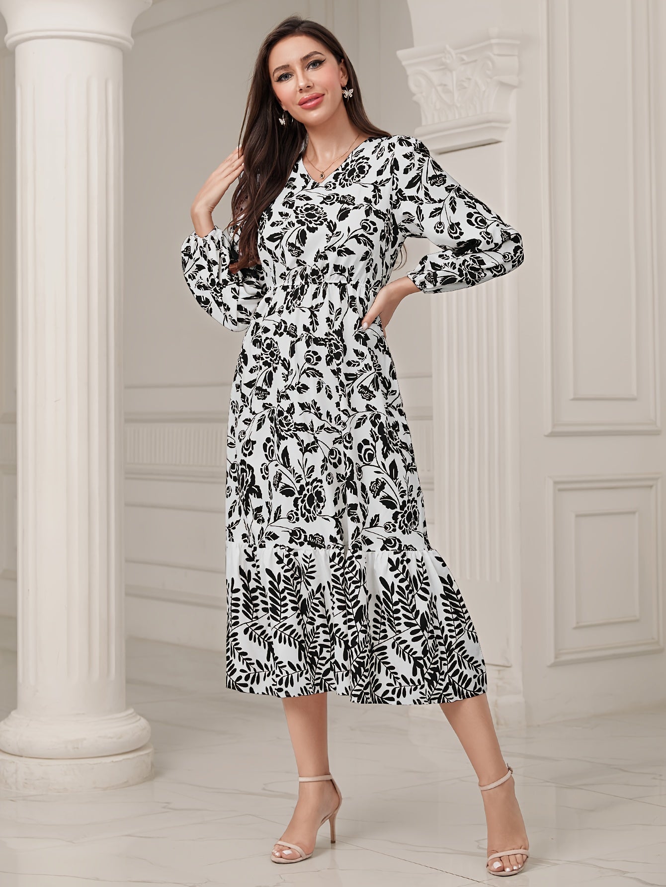 Floral & Leaves Print V-neck Dress, Elegant Elastic Waist Long Sleeve Dress For Spring & Fall, Women's Clothing