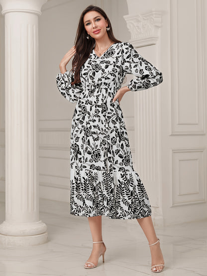 Floral & Leaves Print V-neck Dress, Elegant Elastic Waist Long Sleeve Dress For Spring & Fall, Women's Clothing