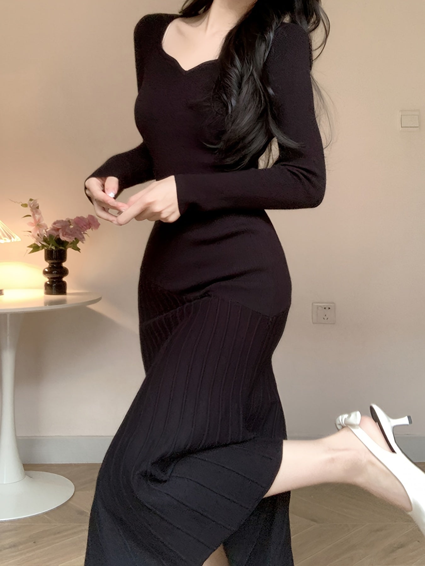 Long Sleeve V-Neck Knit Dress, Polyester, Polyamide, Viscose Blend, Middle Eastern Style, Autumn/Winter, Floor-Length, A-Line, Hand Wash Or Dry Clean