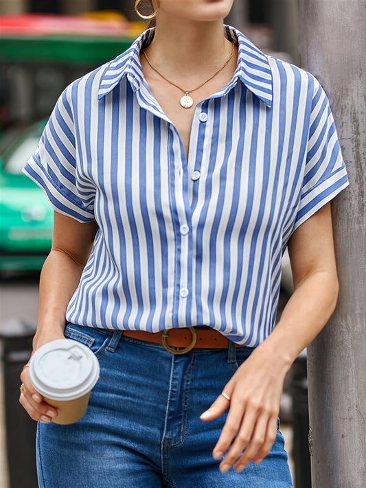 Chic Striped Button-Up Shirt - Breathable Short Sleeve Design for Trendy Summer Style, Women’s Fashion Wear
