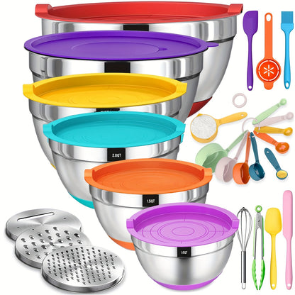 Mixing Bowls with Airtight Lids, 26pcs Stainless Steel Bowls Set 6 bowls & Lids + 20 kitchen tools, 3 Grater Attachments & Black Non-Slip Bottoms Size 7, 4, 2.5, 2.0, 1.5, 1QT, Great for Mixing & Serving