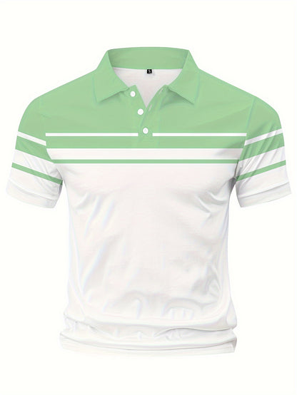 Men's Stripes Color Blocking Print Summer Short Sleeve Lapel T-shirt, Casual Comfy Sports Top As Gift