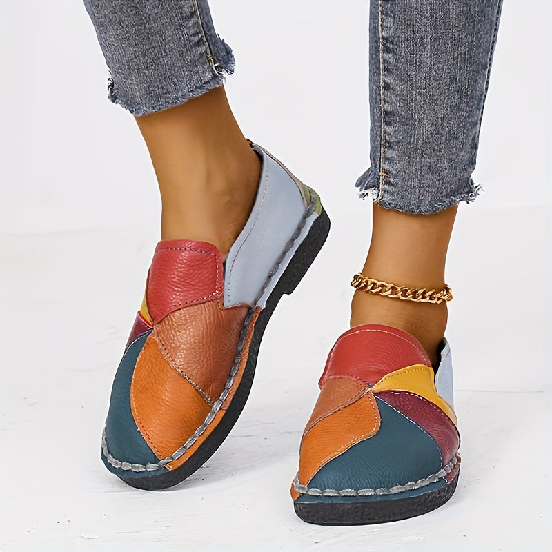 Women's Colorblock Flat Loafers, Fashion Round Toe Soft Sole Slip On Faux Leather Shoes, Casual Walking Anti-skid Shoes