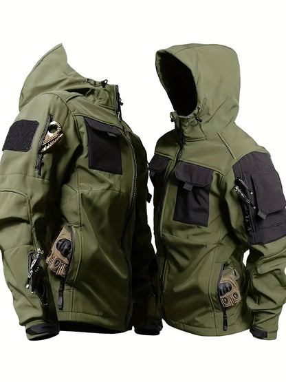 Men's Outdoor Zip Up Softshell Jacket With Pockets, Waterproof, Scratch Resistant And Warm Hooded Jacket For Outdoors