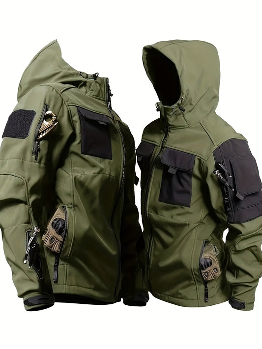 Men's Outdoor Zip Up Softshell Jacket With Pockets, Waterproof, Scratch Resistant And Warm Hooded Jacket For Outdoors