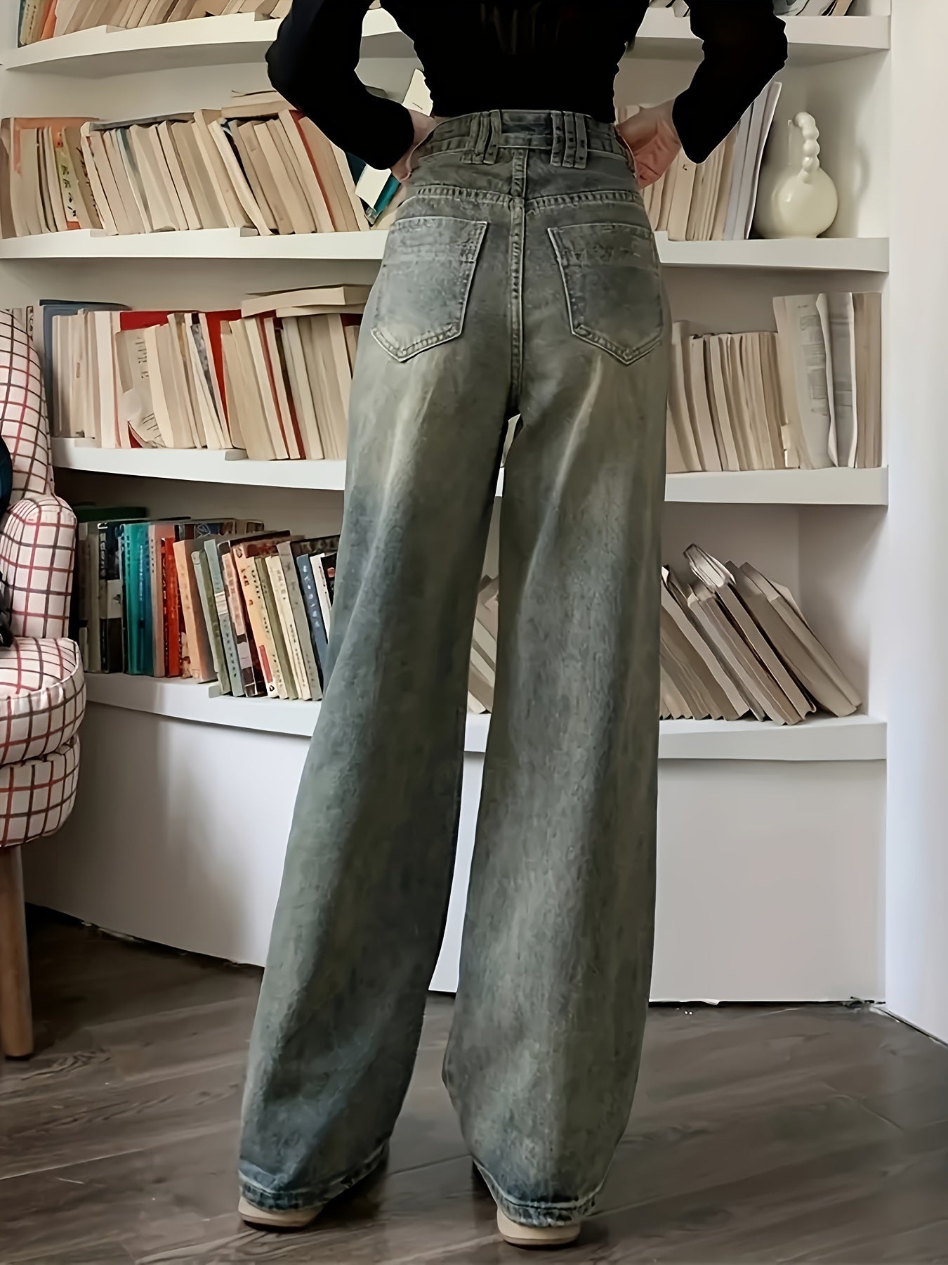 Vintage Loose Straight Leg Jeans With Multi Pockets, Casual Versatile Denim Pants For Women, Women's Clothing & Denim