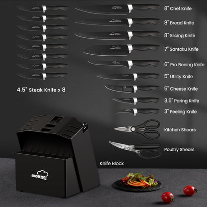 20pcs/ Knife Set, Amorston 20pcs Knife Sets for Kitchen with Block, Dishwasher Safe Kitchen Knife Set with Built-in Sharpener, German Stainless Steel Black Knife Block Set, Kitchen Gadgets Gifts for Mom Or Dad